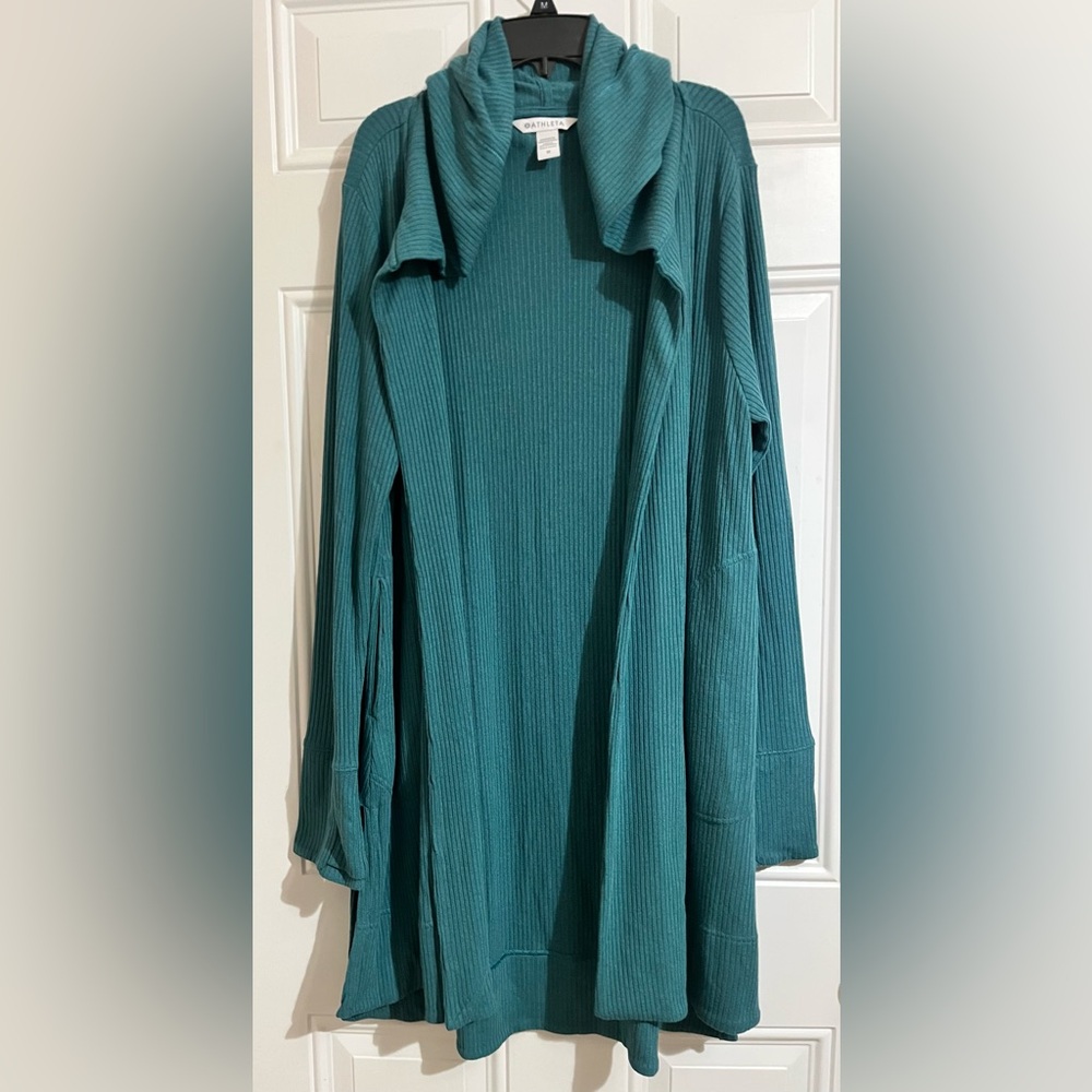 Athleta Hooded Ribbed Harmony Wrap Open Longline Cardigan Borealis Green Size M‎